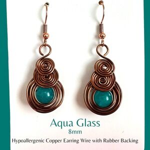 Antique Copper Wire-Wrapped Earrings with Aqua Glass Beads | Handmade